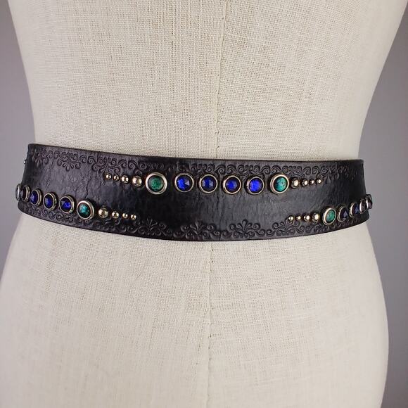 VTG SZ L Black Leather Handcrafted Belt Turquoise Gems Silver Studs Made USA main image 7